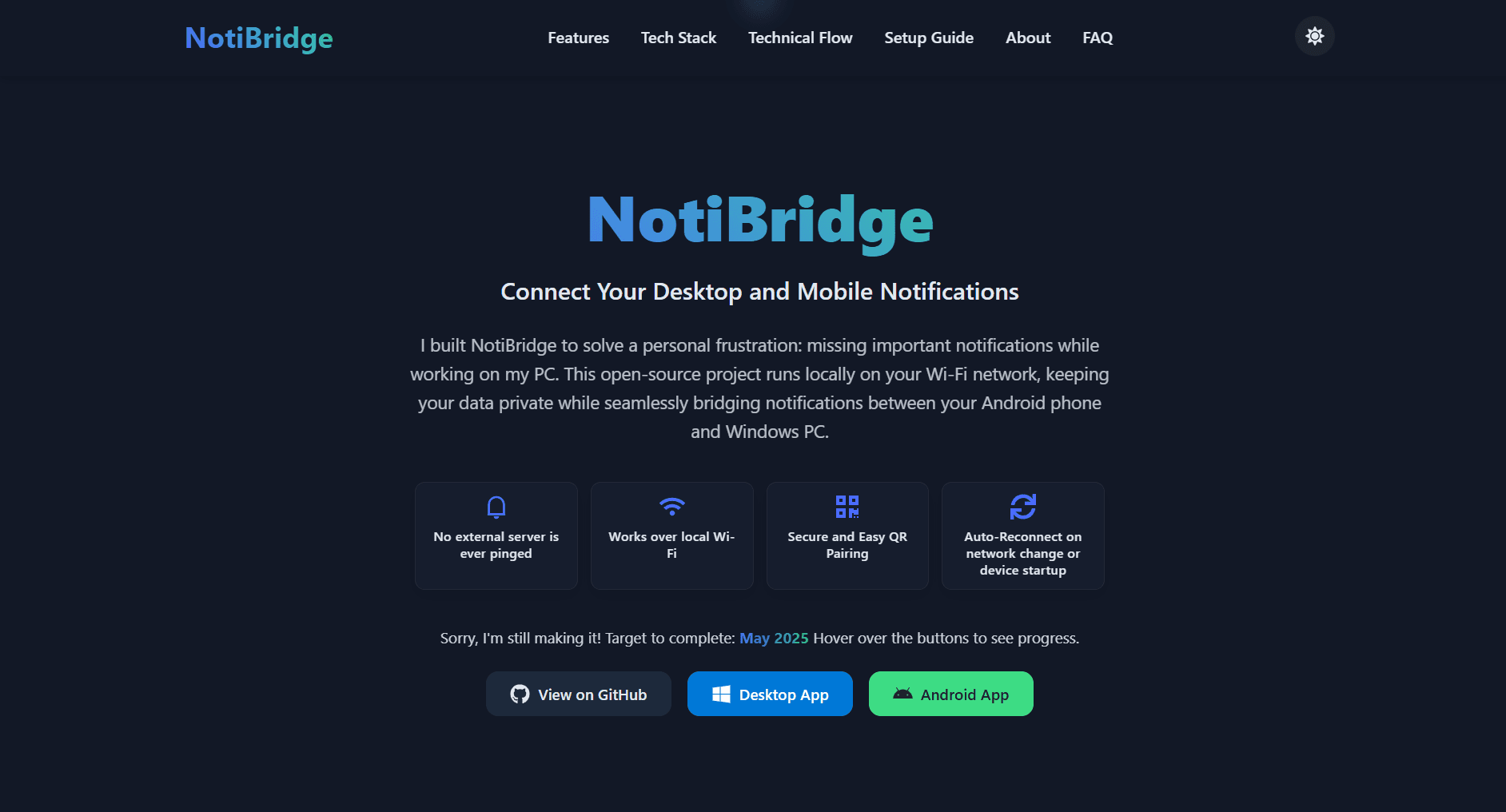 Screenshot of the NotiBridge project site: connect your desktop and mobile notifications, local Wi-Fi only, no external server.